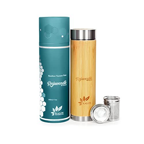 Bamboo Tumbler with Infuser & Strainer | Stainless Steel Coffee & Tea Flask | Double Wall Vacuum Insulated Travel Mug | Loose Leaf Detox Brew & Fruit Infusions