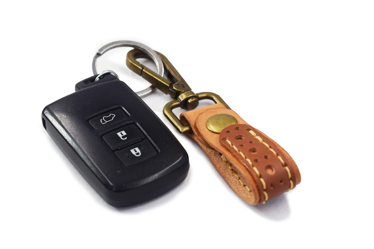 Genuine Leather Keychain for Men and Women, Leather Keychain Car Fob - Chestnut on CherryWood Brown & Black